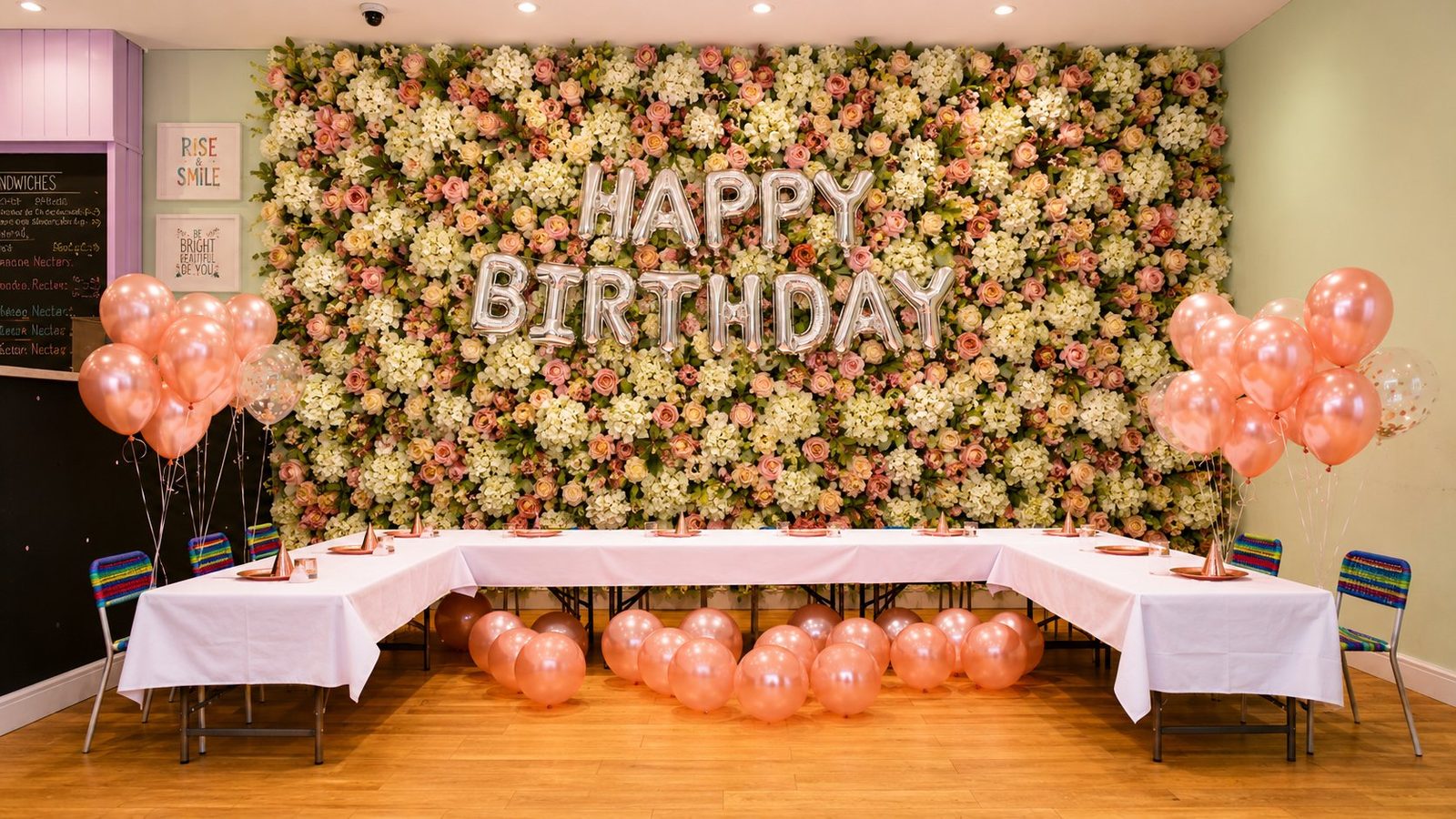 Party room with flower wall at N20 KidsClub